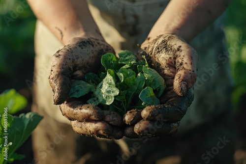 Hands Holding Fresh Green Seedlings in Rich Soil in Garden Light