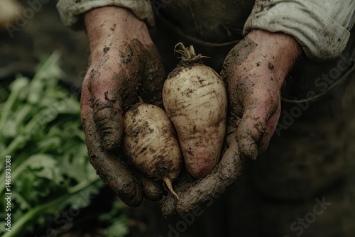 Hands Holding Freshly Harvested Root Vegetables with Soil
