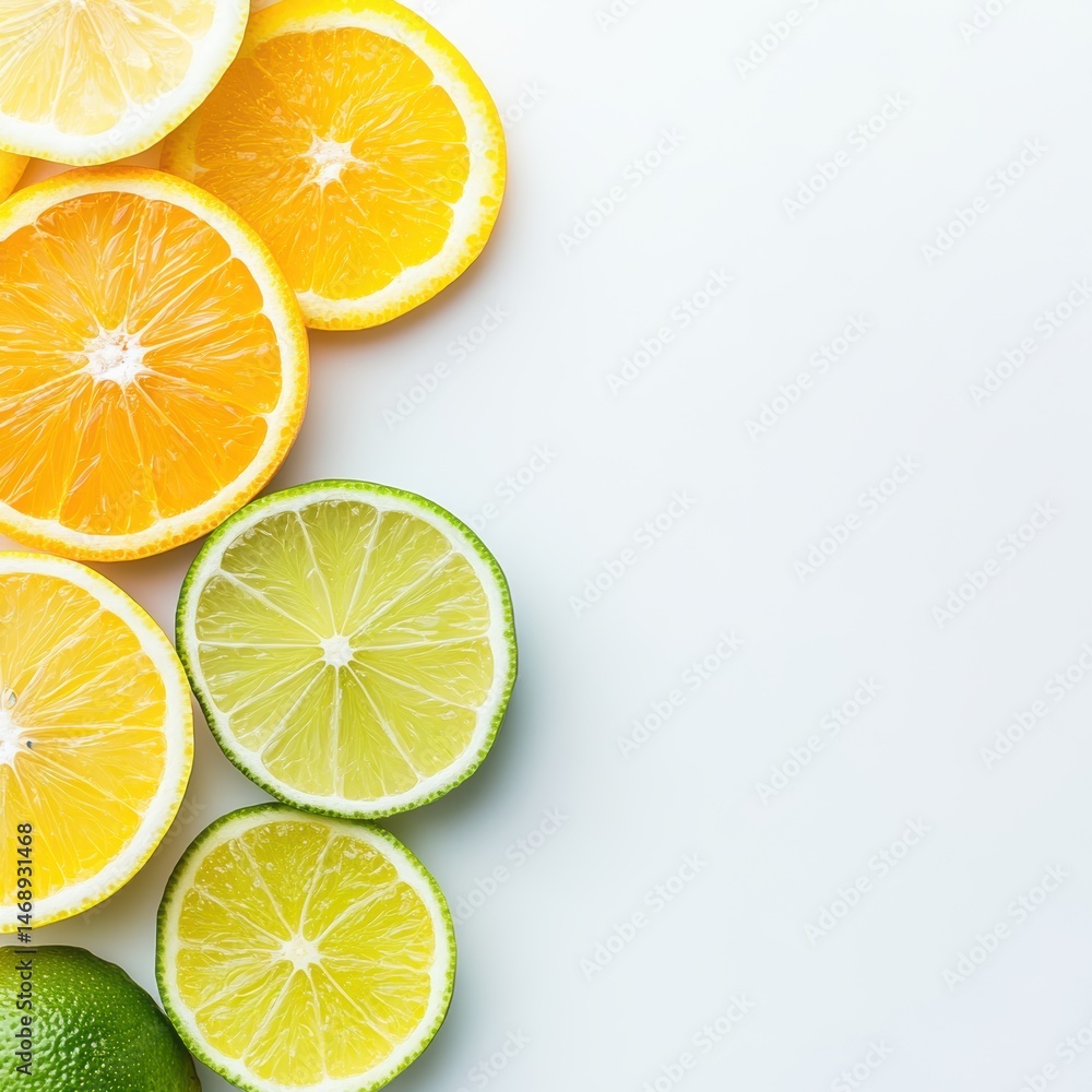 citrus fruit slices (lemon, lime, orange) arranged in circular pattern, top-down view, pure white surface. citrus fruit slices (lemon, lime, orange) arranged in circular pattern, top-down view, pure white surface.