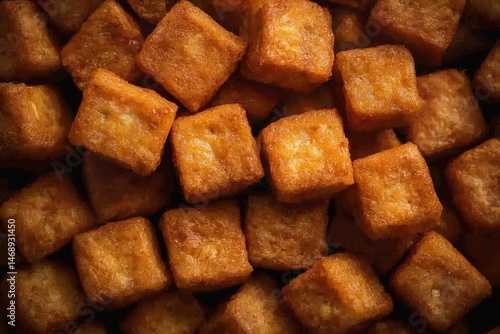 Crispy Golden Fried Cubes of Tofu on Dark Background in Close-Up