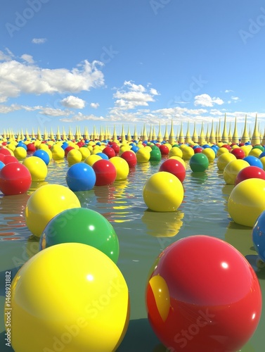 Colorful Floating Balls in Calm Water Under Blue Sky with Clouds