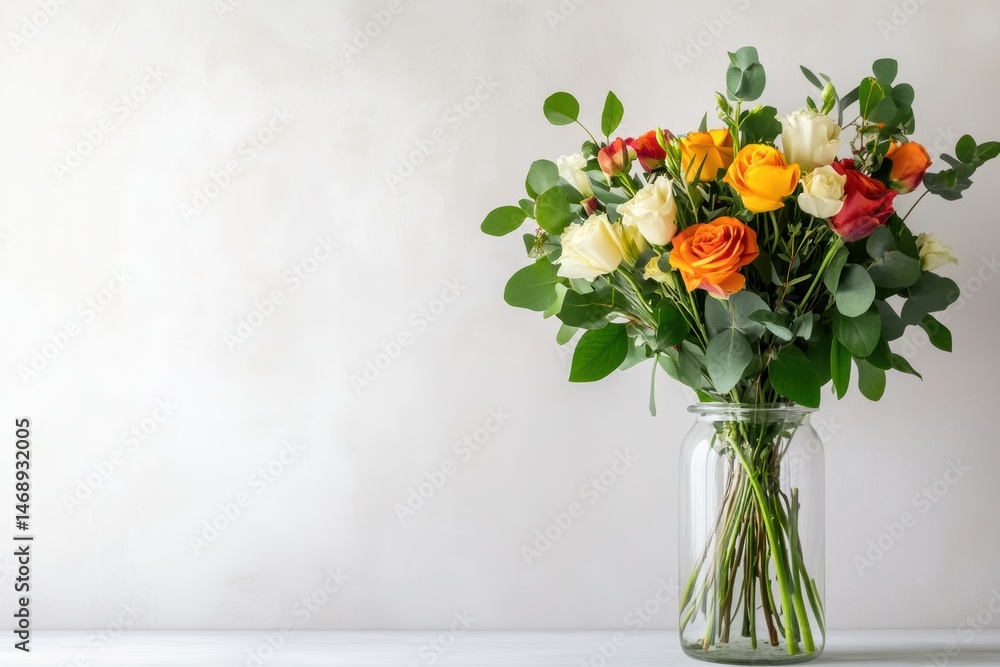 Fototapeta premium flower arrangement in glass vase on modern table, white wall background, editorial styling.