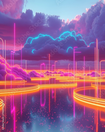 Vibrant Neon Clouds and Reflections at Sunset over Calm Waters