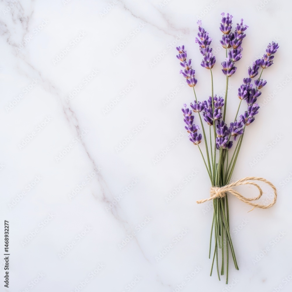 Fototapeta premium lavender stems tied with jute string on marble background, flat lay, rustic elegance.