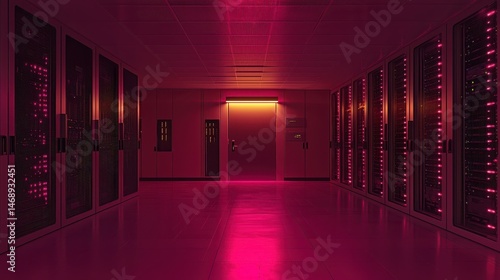 Futuristic Data Center Corridor with Neon Lighting and Servers