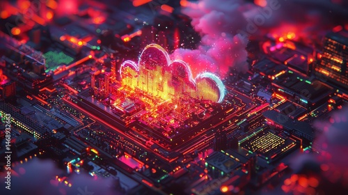Neon Cityscape with Bright Lights and Colorful Clouds at Night