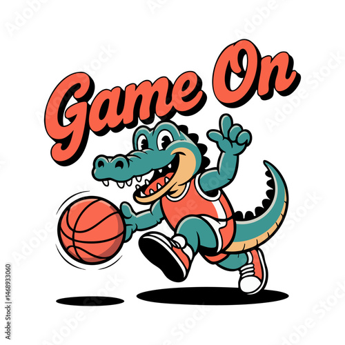 Retro style t shirt design crocodile character playing basketball