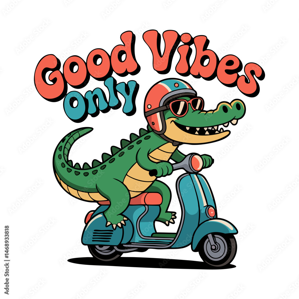 Obraz premium Retro style t shirt design crocodile character riding a scooter