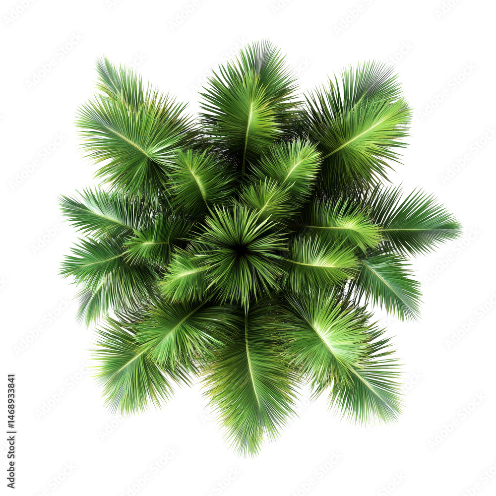 Obraz premium Aerial view of lush palm plants isolated on a transparent background creating a tropical aesthetic, palm plants aerial view isolated on transparent background