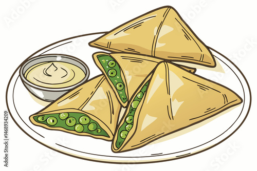 158 savory pastry triangles, filled with green peas, on a white plate, with a sauce or dip, detailed, appetizing, realistic