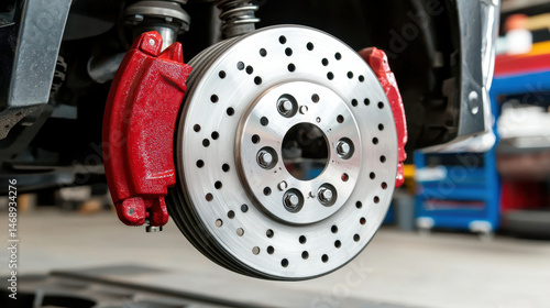 High performance brake system with red caliper and drilled rotor, showcasing automotive engineering and precision