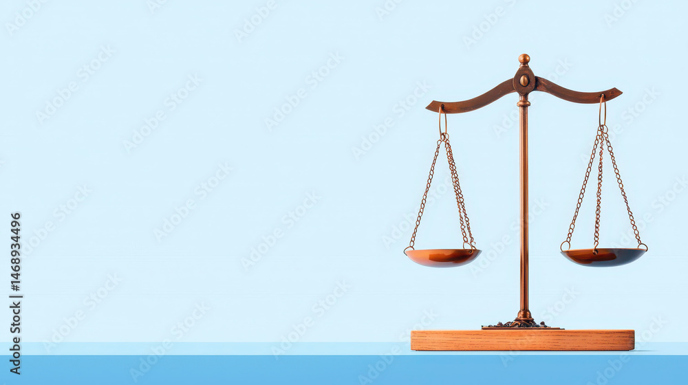 Balanced scale symbolizes justice and fairness, set against light blue background, evoking sense of calm and order Balanced scale symbolizes justice and fairness, set against light blue background, evoking sense of calm and order