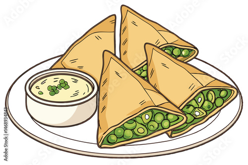 158 savory pastry triangles, filled with green peas, on a white plate, with a sauce or dip, detailed, appetizing, realistic