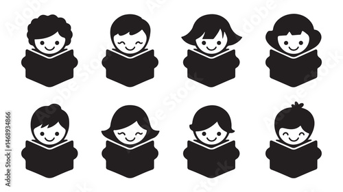 Child reading book silhouette set