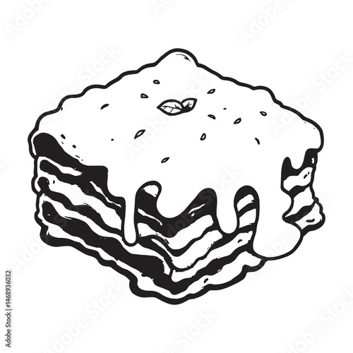 Piece of baked lasagna with minced meat and cheese line art