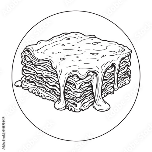 Piece of baked lasagna with minced meat and cheese line art