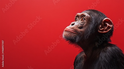 Close-up profile view of a chimpanzee looking upward against a red backdrop.