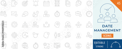 Date Management Collection icon set. Containing schedule, calendar, planning, time, hourglass, stopwatch, alarm, clock, and more. Editable Stroke.