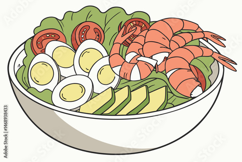160 shrimp salad bowl, avocado slices, boiled eggs, tomatoes, lettuce leaves, creamy dressing, high definition, delicious, appetizing, mouth-watering