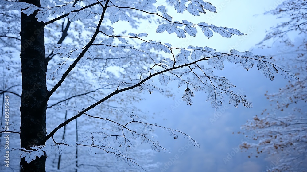 Obraz premium Winter's delicate beauty Snow covered leaves on branches against a serene sky