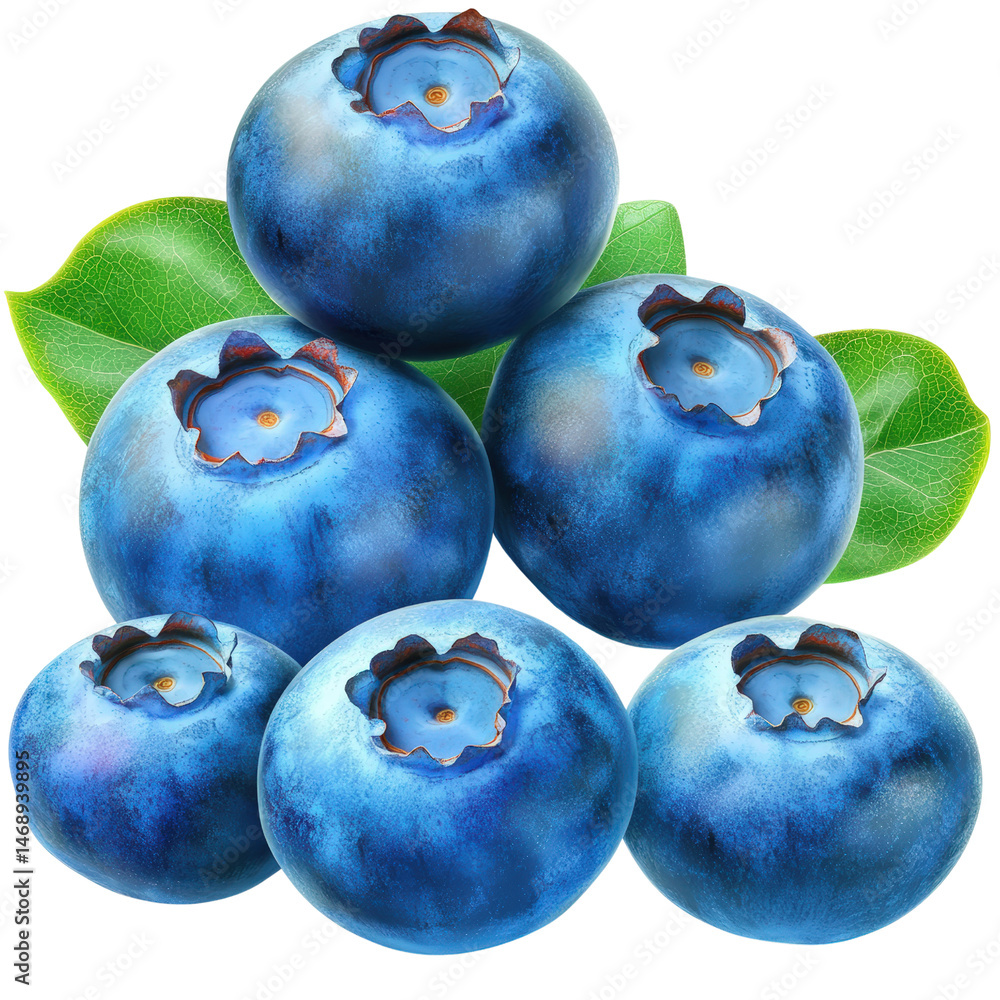 Obraz premium Fresh organic blueberries with green leaves showcasing their juicy texture and nutritional benefits for healthy living isolated on transparent background..