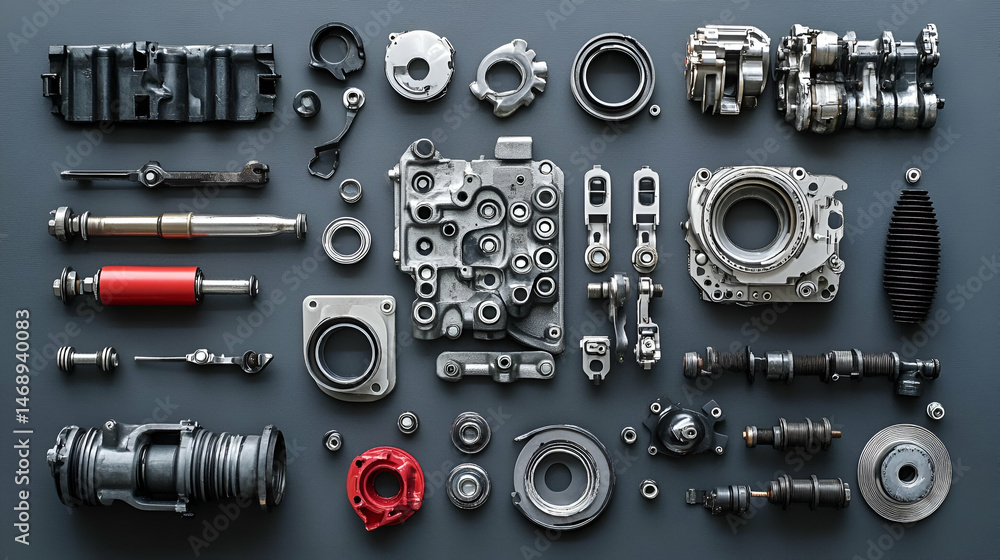 Assorted Auto Parts Flat Lay on Grey Background Assorted Auto Parts Flat Lay on Grey Background