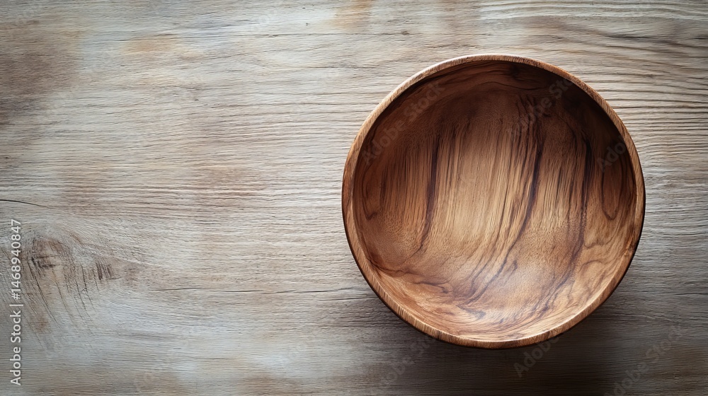 Top view of a handcrafted empty wooden bowl on rustic wooden surface highlighting natural handmade craftsmanship and organic textures Top view of a handcrafted empty wooden bowl on rustic wooden surface highlighting natural handmade craftsmanship and organic textures