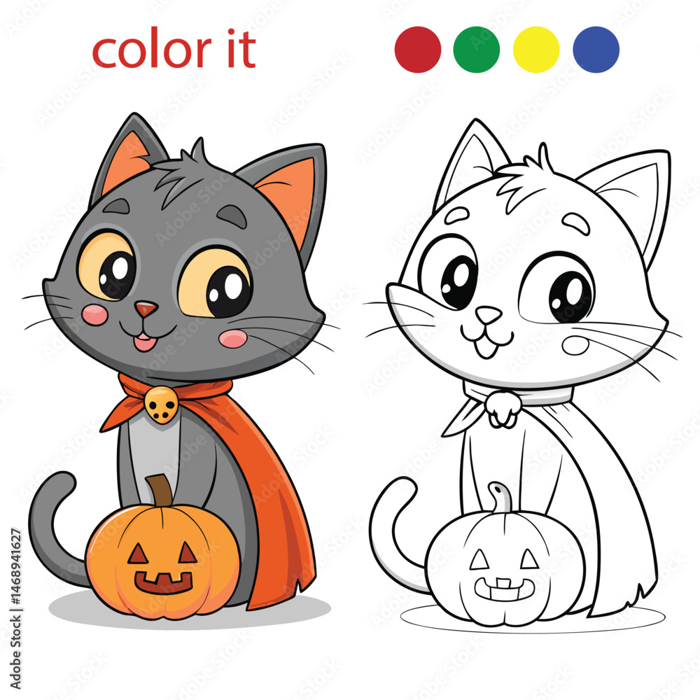 Obraz premium Halloween Cat Coloring Pages | Spooky Cats with Pumpkins, Witch Hats, and Bats | Fun and Creepy Line Art for Kids and Adults