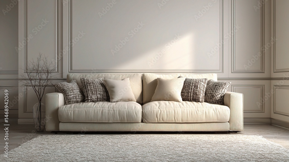 Fototapeta premium Soft Beige Sofa with Cushions on Light Carpet in Elegant Room