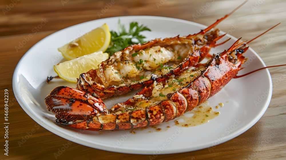 Grilled lobster with lemon and garnish on a white plate. Grilled lobster with lemon and garnish on a white plate.