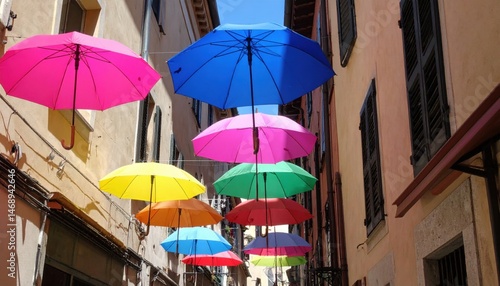Wallpaper Mural Colorful umbrellas decorating a narrow street in a european city vibrant urban environment captivating visual art Torontodigital.ca