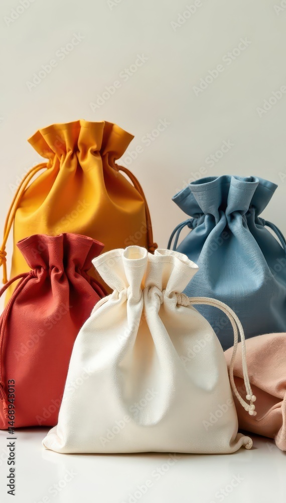 Set of colorful linen pouches, neutral background, sustainable lifestyle, texture, ethical Set of colorful linen pouches, neutral background, sustainable lifestyle, texture, ethical