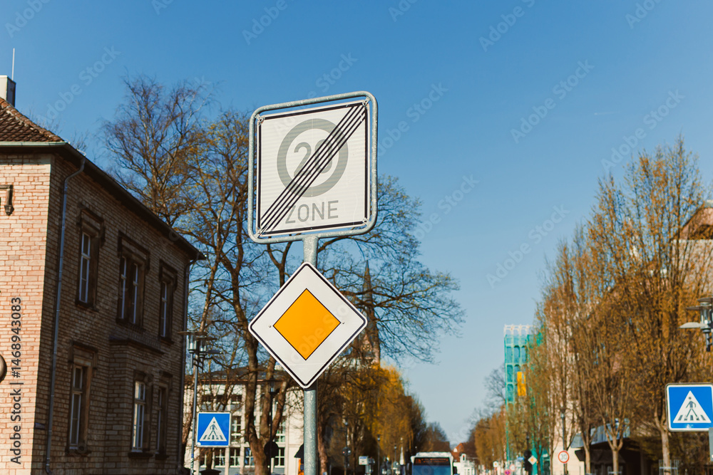 European sign of main roads. Traffic sign in the city.