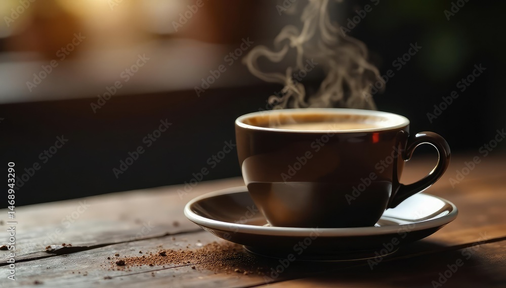 Obraz premium Steaming cup of dark, bitter coffee, close-up , bitter coffee, dark, brown