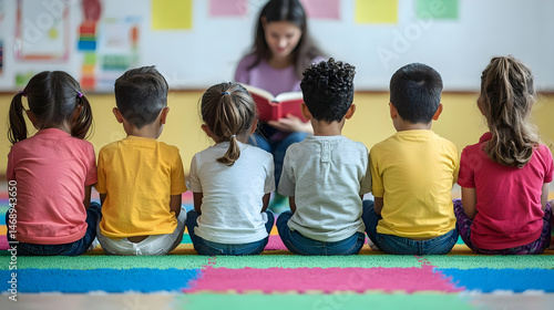 Children Sitting Back to Back Listening to Teacher Reading