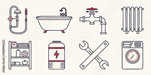 Plumbing and Heating Editable Line Icon Set with Bathroom Theme