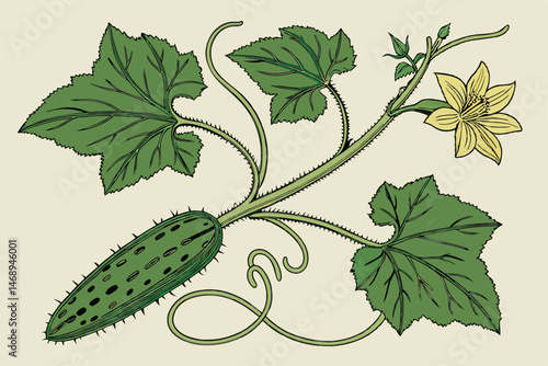 161 highly detailed botanical illustration of a cucumber plant, vibrant green leaves and tendrils, realistic texture, vintage style, botanical art, scientific diagram