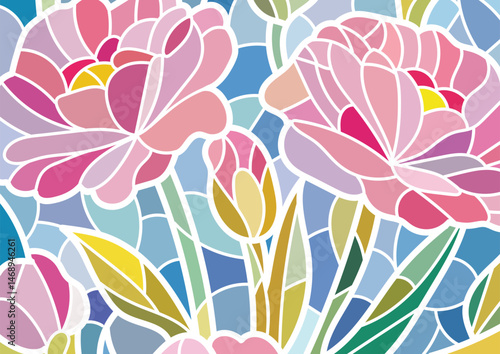 Stained glass floral design,  white border pattern, suitable for background, wallpaper and print materials.