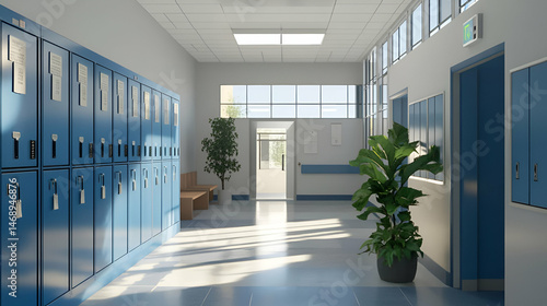 Bright Hallway with Blue Lockers and Plants