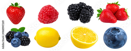 Four fruits in one picture blueberry, blackberries, strawberry, and lemon, with a transparent background