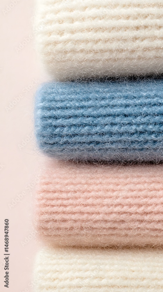 Stack of Soft Knit Sweaters in Pastel Pink, Blue and White Stack of Soft Knit Sweaters in Pastel Pink, Blue and White