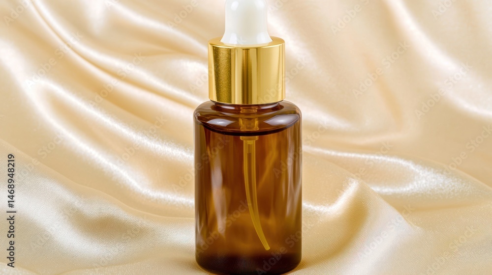 Naklejka premium Amber glass dropper bottle on a luxurious fabric surface.