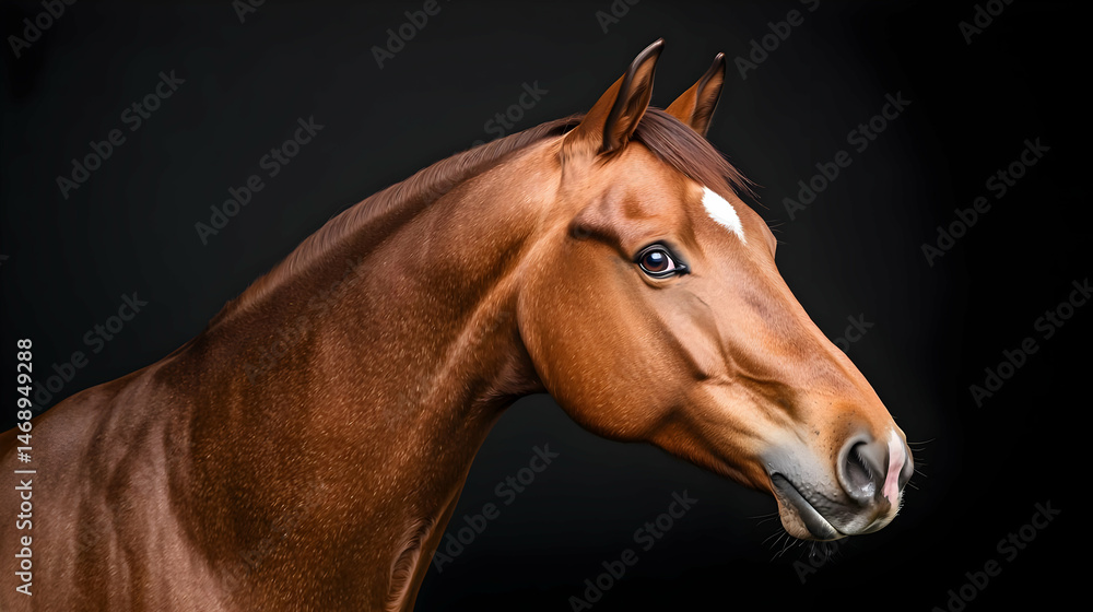 Fototapeta premium Close Up Profile View Of A Light Brown Horse Against Black Background