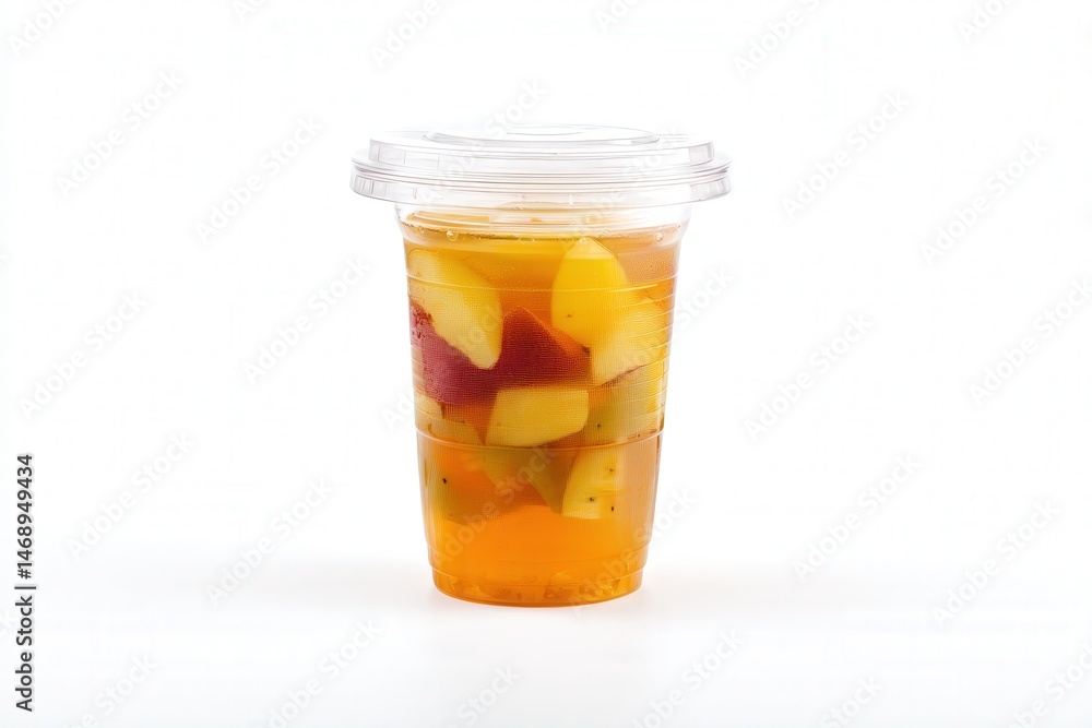 Plastic fruit cup with assorted fruits in syrup on white background
Plastic fruit cup with assorted fruits in syrup on white background