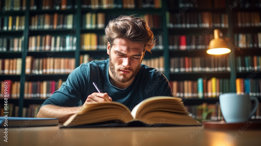 Man is sitting at a desk with a book open in front of him. He is writing in the book with a pen. The scene suggests that the man is studying or working on a project Man is sitting at a desk with a book open in front of him. He is writing in the book with a pen. The scene suggests that the man is studying or working on a project