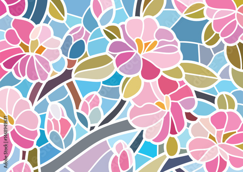 Stained glass floral design,  white border pattern, suitable for background, wallpaper and print materials.