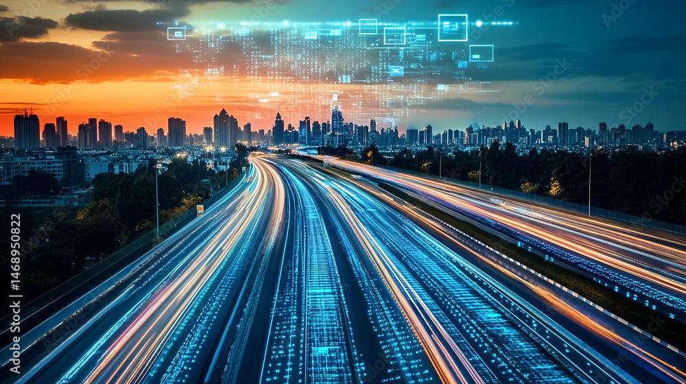 Fototapeta premium City Highway at Night with Digital Data Overlay
