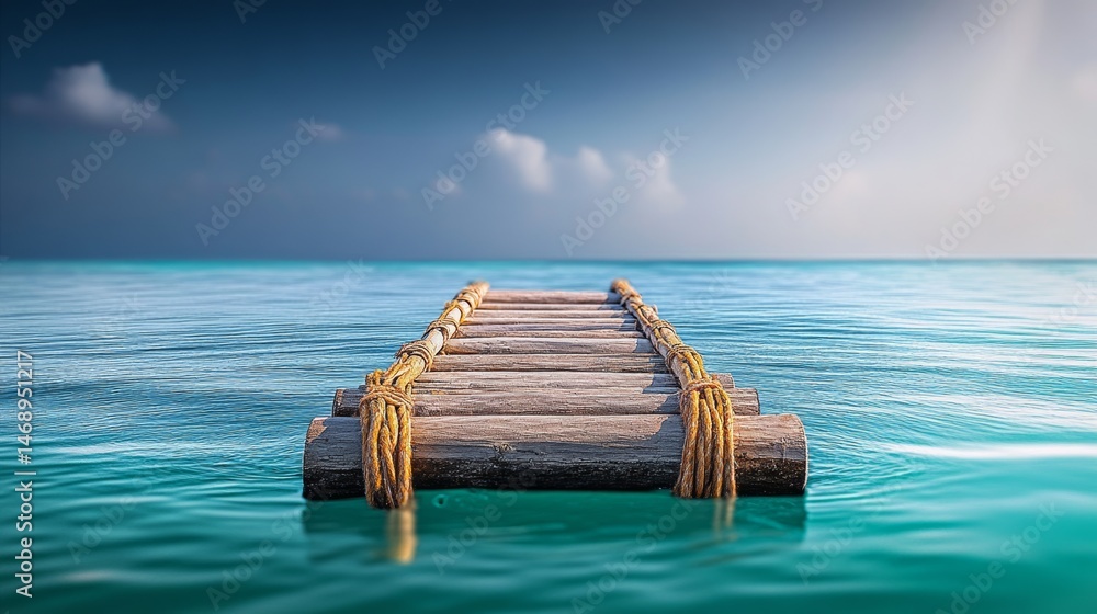 Fototapeta premium Wooden pier is in the water with a rope tied to it. The water is calm and the sky is blue