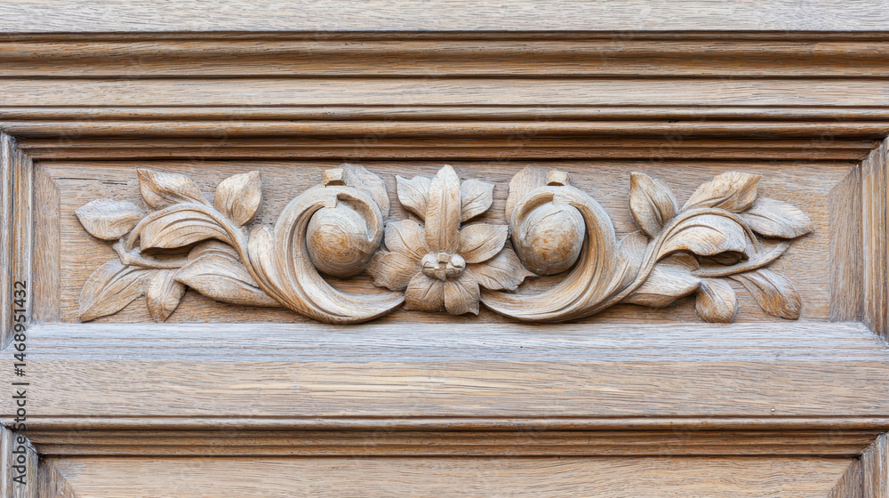 Intricate wood carving featuring floral and fruit motifs, showcasing craftsmanship and detail in design Intricate wood carving featuring floral and fruit motifs, showcasing craftsmanship and detail in design