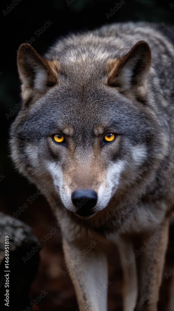 Fototapeta premium Intense Portrait of a Gray Wolf with Golden Eyes Staring Directly Forward in Dark Setting